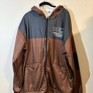 mens XXL brown gray zip-up windbreaker jacket American flag graphic hooded zip